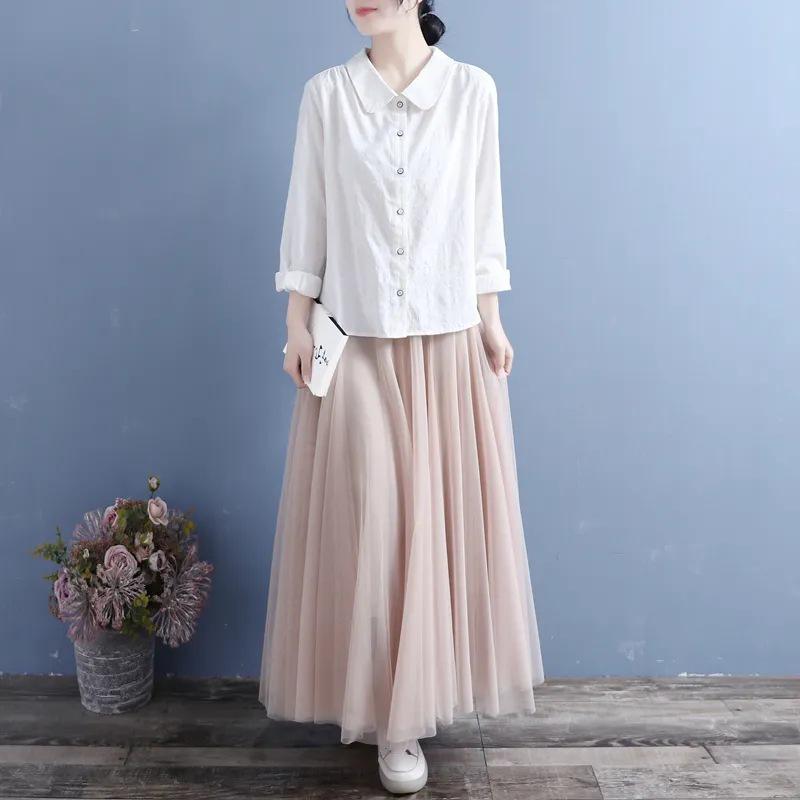 Женская однотонная рубашка из хлопка и льна с длинным рукавом — легкая, повседневная, весна 2024 г.