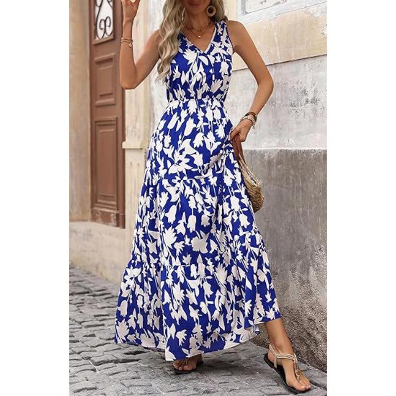 Популярное женское повседневное платье без рукавов с V-образным вырезом и эластичной талией с принтом 2025 года