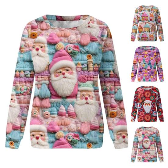 Christmas Sweatshirt Women 3D Xmas Tree House Print Crew Neck Long Sleeve Tops Lightweight Holiday Pullover Tops