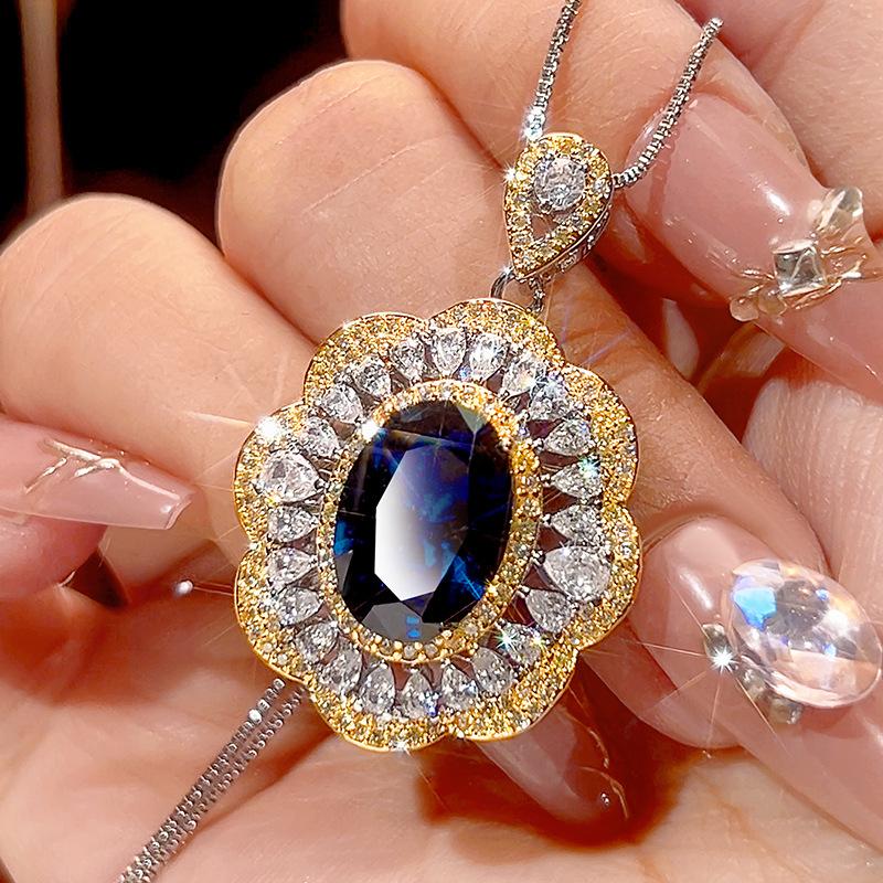 Luxury Oval Blue Sapphire Red Ruby Ring Necklace Adjustable Gold Tone Flower Halo CZ Stone Jewelry for Women Wedding Party Gift