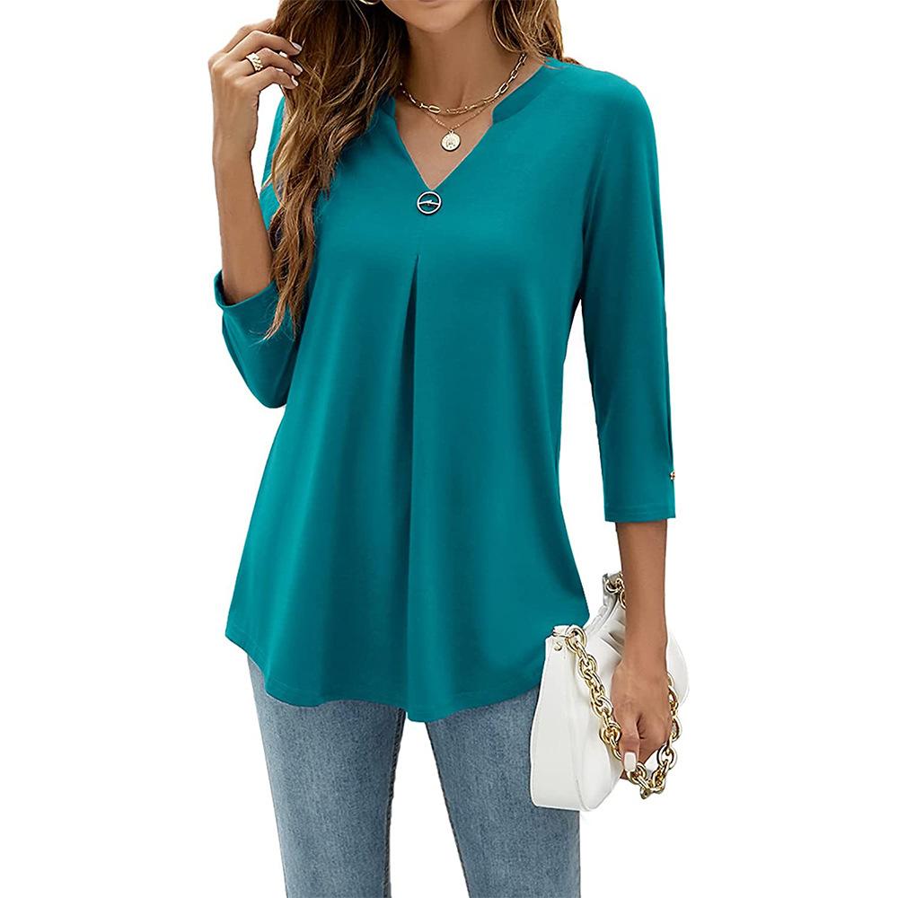 Women's V-Neck Tunic Blouse 3/4 Sleeve Shirts Loose Fit Top with Ring Detail, Casual Dressy Shirt for Work or Daily Wear Blouses Casual Tops S-XXL