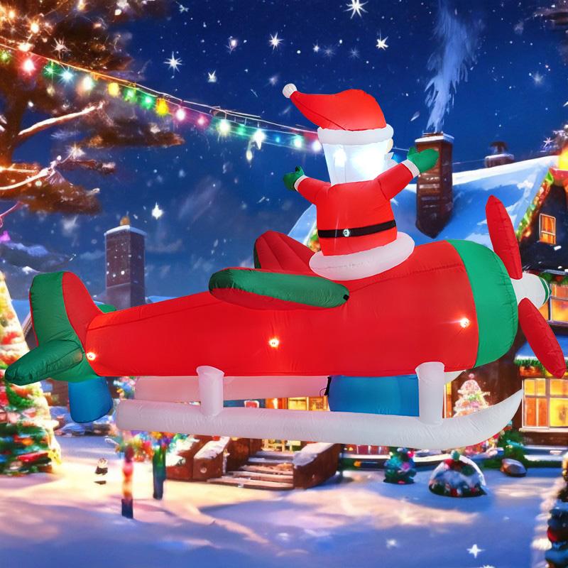 2.7M/8.8FT Inflatable Toys Christmas Decorations Santa Fly Plane LED Lights Model Xmas Festival Party New Year Outdoors Decor