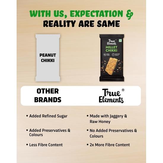 True Elements Millet Chikki with Jaggery -Peanuts, Millets and Raw Honey | Mini Bars | No Added Preservatives and Colours (12 pieces, 20g each 240 g)
