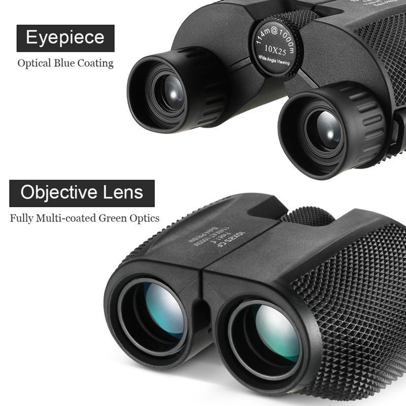 Professional Binoculars, 10x25 BAK4 Prism, High Powered Binocular, Portable Hunting Telescope
