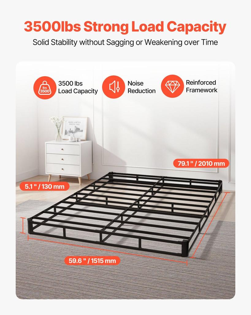 Box Spring, Queen Size Bed Frame with Washable Fabric Cloth, Heavy Duty Metal Frame for Queen Bed, 130 mm Mattress Foundation, 1587.57 kg Max Weight