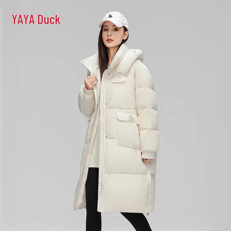 YAYA Women's Winter Hooded Mid-Length Down Jacket
