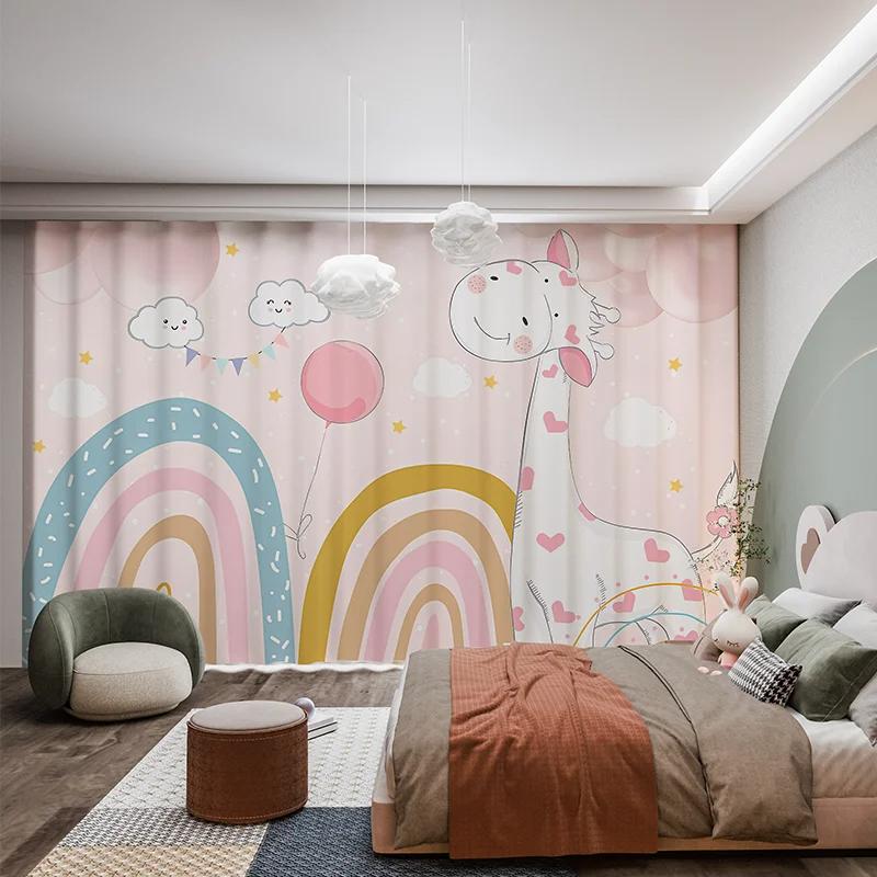 Мультяшный детский забавный узор единорога высокие затемняющие шторы розовые принцесса радуга для комнаты девочки спальня эркер затемняющие шторы