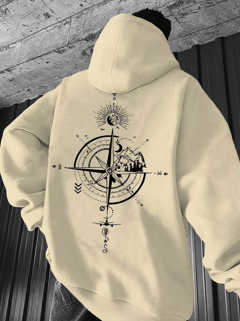 Vintage Compass Printed Hoodie Men's Autumn and Winter Casual Fashion Long-sleeved Sweatshirt Daily Street Clothing