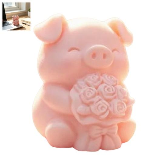 Three Dimensional Pig Figurine 3D Printed with Flower Bouquet, Cute Piglet Desktop Home Office Table Decor Ornament, Creative And Statue for