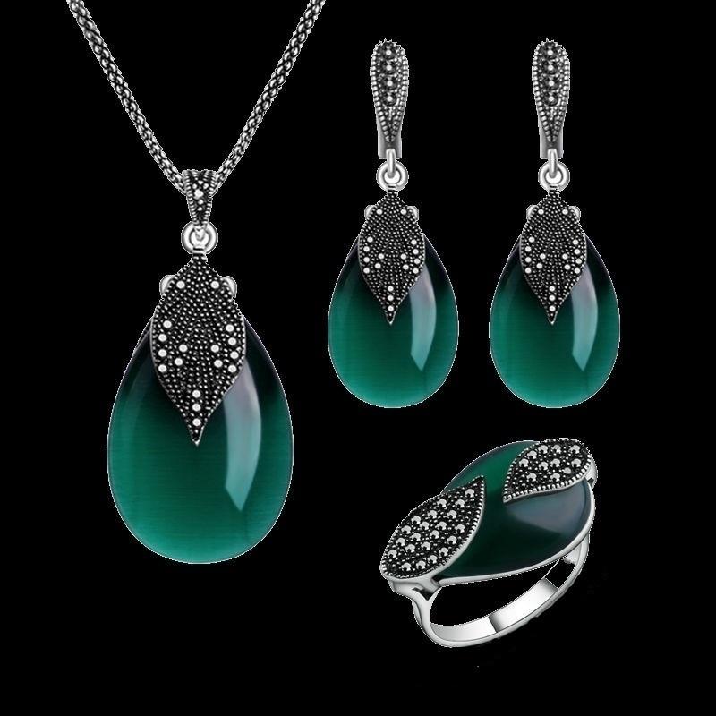 Vintage Women Jewelry Set Necklace Earring Ring Set Leaf Water Drop Necklace Earring Set Necklace Earring Ring Jewelry Sets Women Jewelry Sets