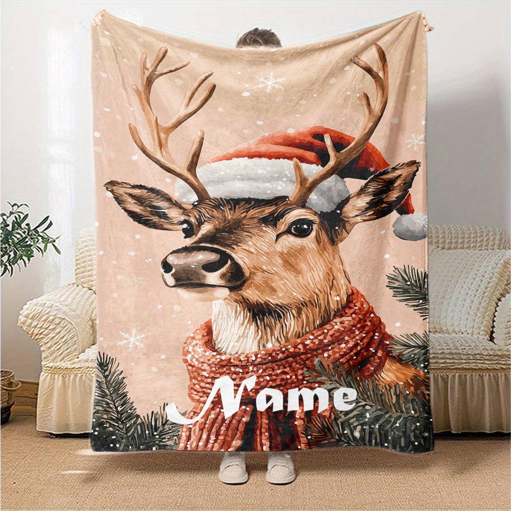 Custom Name Christmas reindeer Theme Printed Blanket - Perfect for Couch, Bed, Travel & Outdoor Use | Machine Washable, Cozy & Durable.