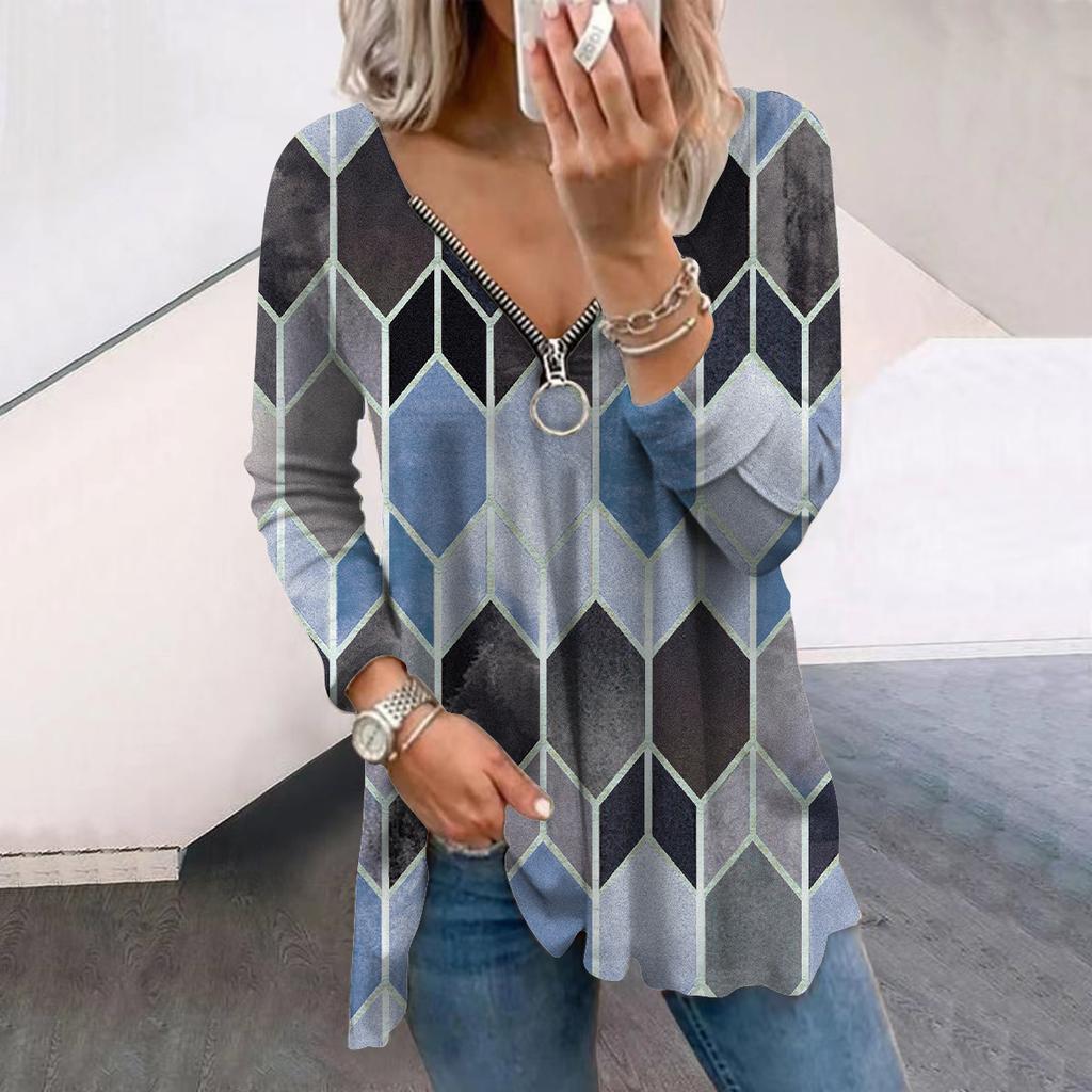 Женские осенние футболки с длинным рукавом и геометрическим принтом в форме ромба, свободные футболки с V-образным вырезом больших размеров, удобные блузки
