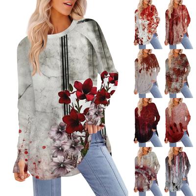 Женская футболка с принтом Хэллоуина, с круглым вырезом, свободная, с длинным рукавом, средней длины, с отсутствующим большим пальцем