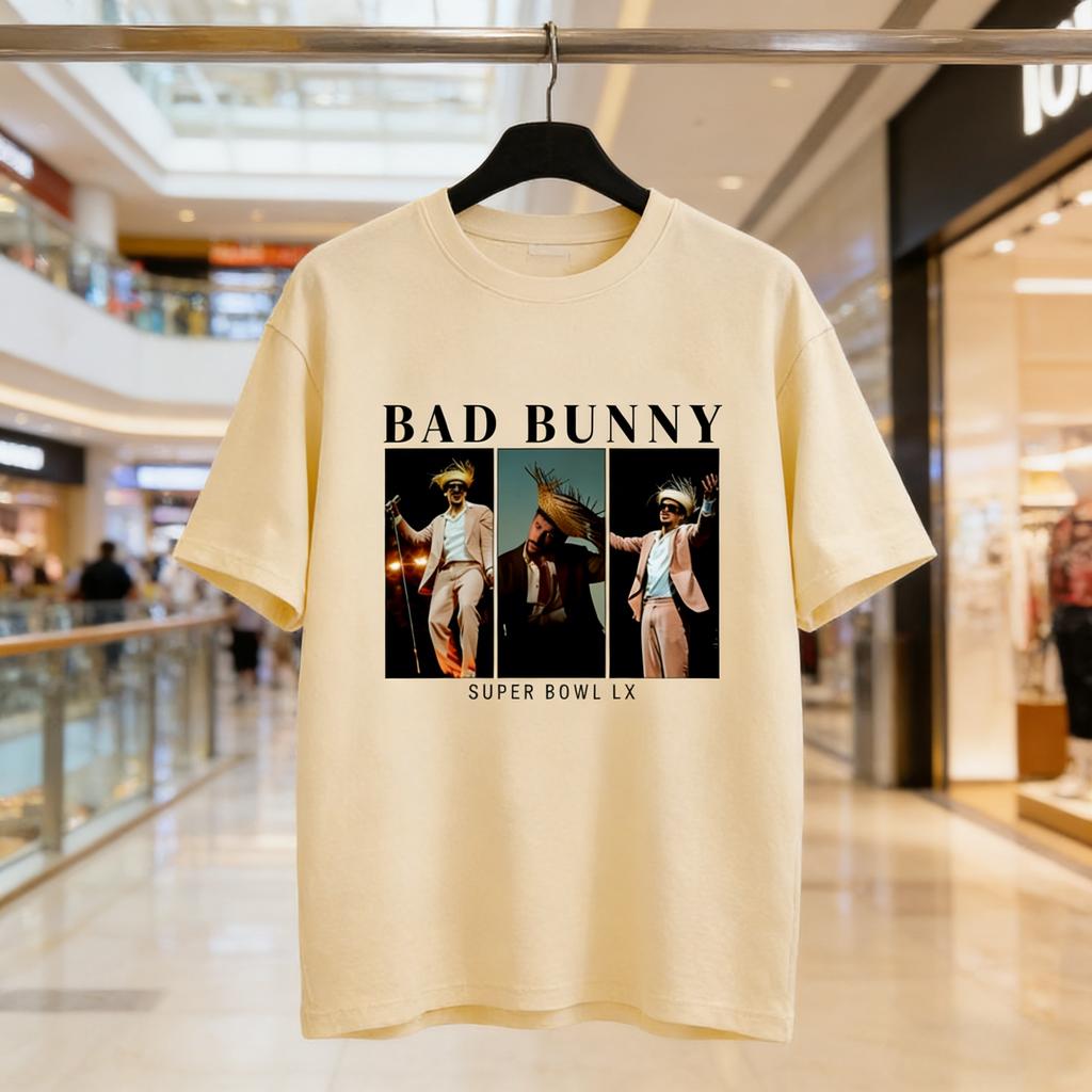 Bad Bunny Графические футболки Super Bowl С коротким рукавом Хлопковая футболка 2026 Мужская Женская Хлопок Новая Футболка Женская С принтом Уличная одежда