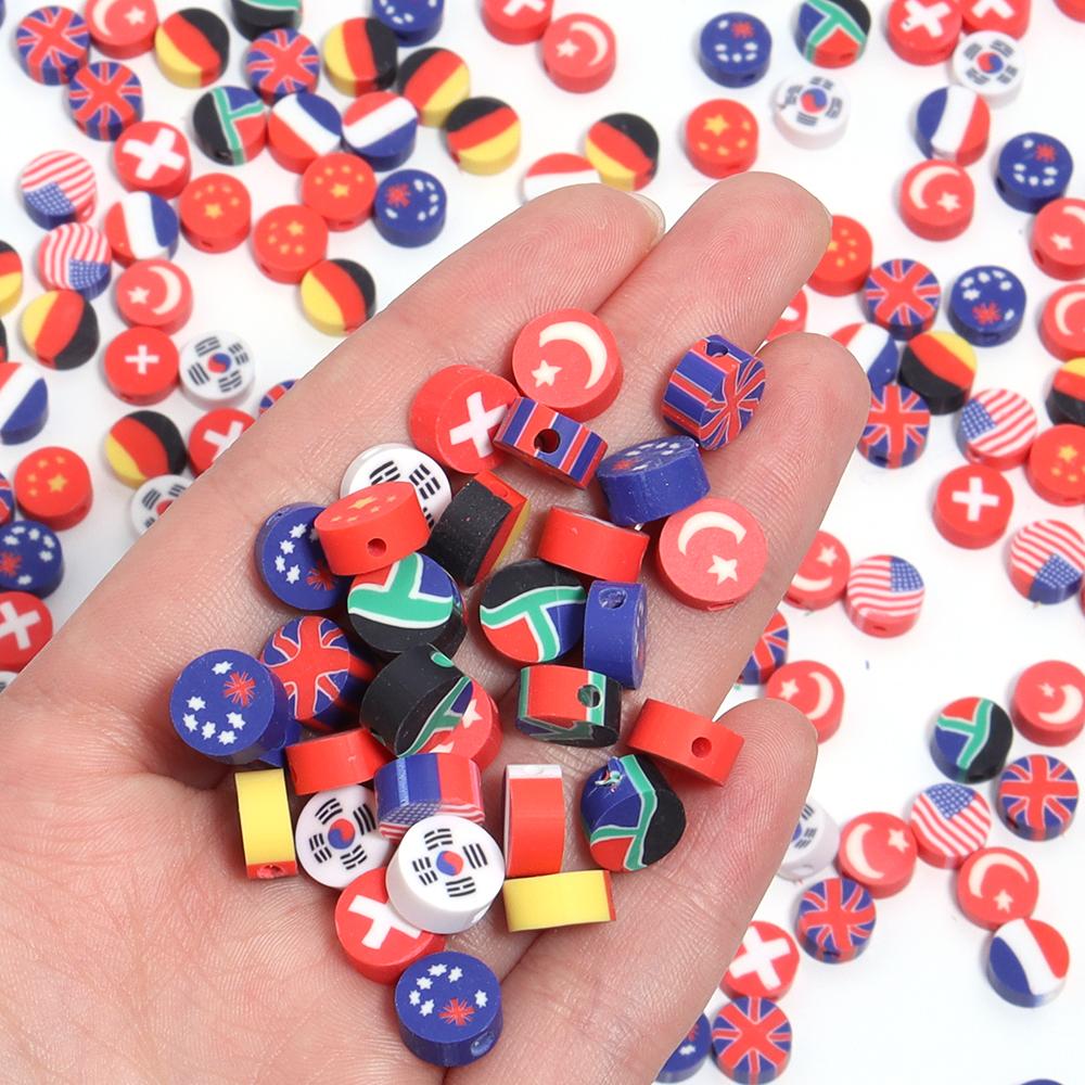 50Pcs 9mm Polymer Clay Flat Round Beads National Flag Loose Spacer Beads For DIY Handmade Bracelets Earrings Making Accessories