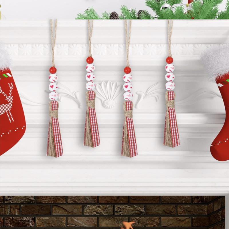 Valentine's Day Bead Hanging, Wedding Decoration,Office, Home Decoration Hanging,Red Heart Wood Bead Tassel Love Bead Decoration