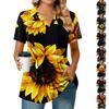 Women's Pleated V-neck Short Sleeved Sunflower Print T-shirt Business Casual Shirt