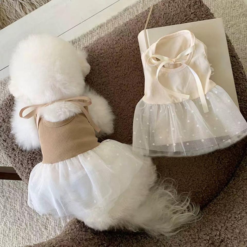 Dot Print Puppy Dress Summer Bow Dog Clothes Bichon Mesh Skirt Teddy Breathable Pullover Gift for Female Dogs XS-XL
