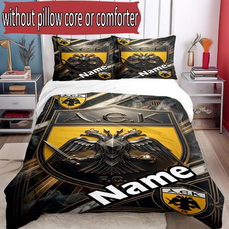 3pcs Duvet Cover Set (1*Duvet Cover + 2*Pillowcase, Without Core), Custom Name AEK Athens FC Pattern Bedding Set, Home Bedroom Decor Gift