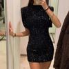Round Neck Holiday Party Dress Fly Sleeve Silm Evening Dress Shining Sequin Mini Dress Daily