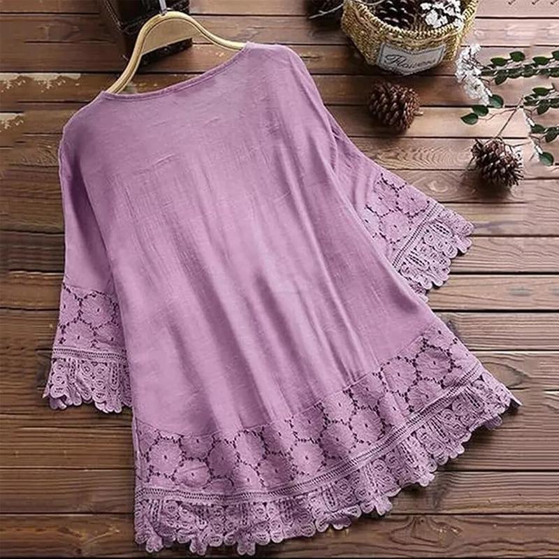 Summer Women's Lace T-shirt Floral Mini Dress Cotton Five-point Sleeve V-neck Loose Casual Bohemian Style T-shirt Top