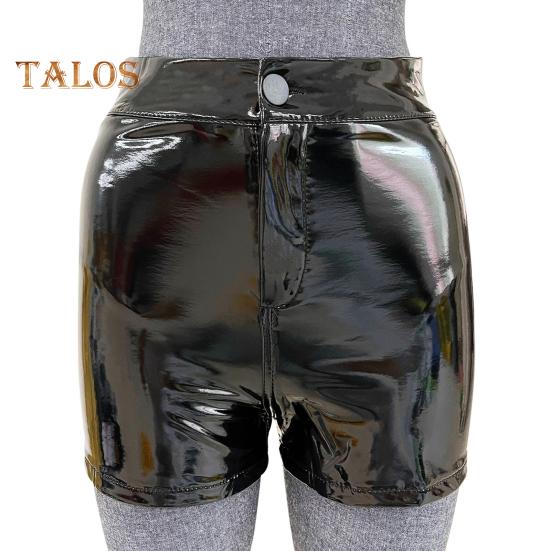 Женские шорты с высокой талией и пуговицами на молнии, шорты из искусственной кожи с подъемом бедер, глянцевые цветные эластичные шорты, одежда для ночного клуба