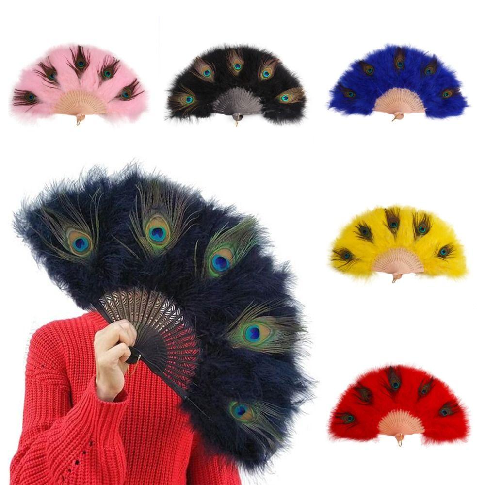 Handheld Peacock Feather Fan With Tassel Feather Dance Fan Elegant Folding Hand Fan Home
