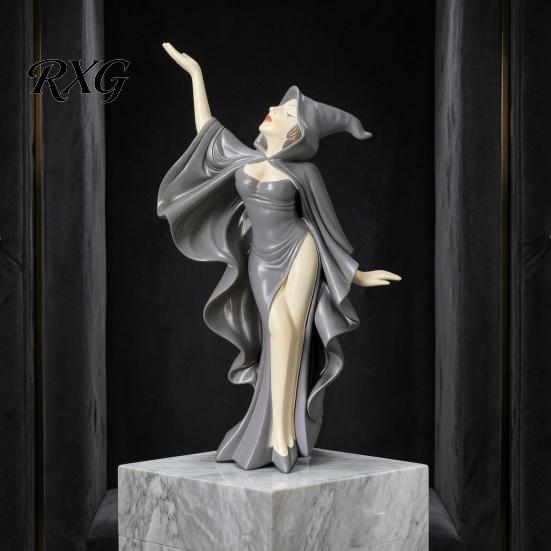 Contemporary Art Figurine Mysterious Black Cloak Witch Queen Resin Statue, Gothic Elegant Female Exquisite Craft Figurine, Dark Sculpture for Entryway