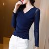 Korean Mesh Print Long-sleeved T-shirt Female Spring and Fall Tide Models Cross Top V-neck Ageing Foreign Gas Small Shirt Mesh Bottoming Shirt