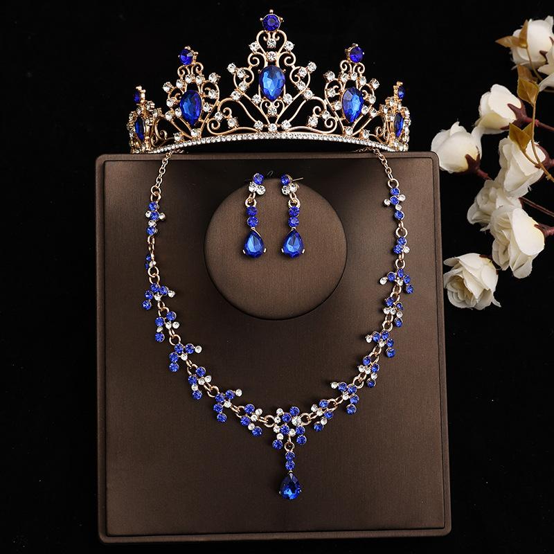 DIEZI Baroque Bridal Rhinestone Crown Tiaras For Women Wedding Princess Queen Blue Crystal Tiaras Necklace Earrings Jewelry Sets