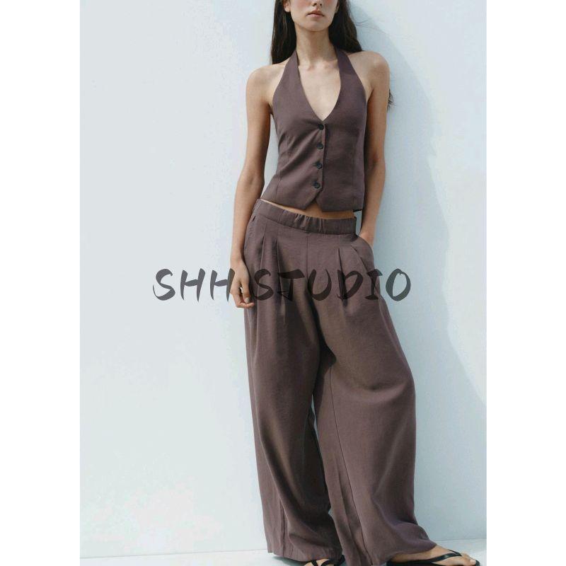 Summer New Product Women's Clothes French Pleated Design Drape Fabric Mid Waist Wide Leg Casual Trousers 8338504