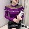Spring Autumn Long-Sleeved Women's T-shirt Fashion Shiny Ruffles Diamonds Tops Femme Sexy Perspective Mesh Tees Clothes