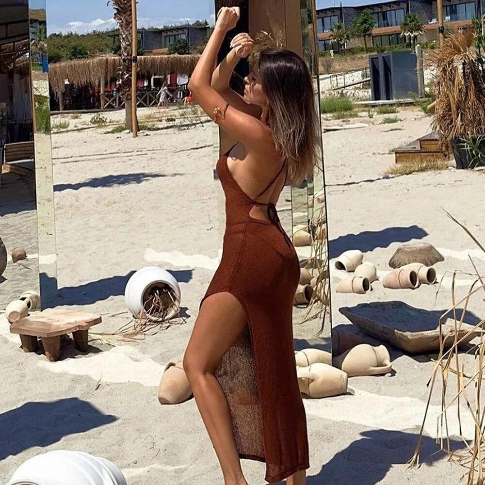 2024 Kintted Cover Up Beach Sexy Halter Sleeveless See Through Maxi Slit Bodycon Summer Dress Bikinis Cover-ups Elegant Halter Beachdress