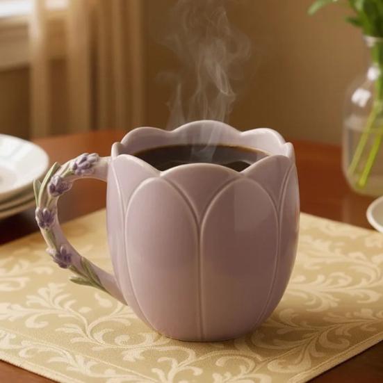 Flower Coffee Mug with Large Capacity Tea Milk Water Floral Shape Handle Heat-resistant Drinking Cup Decoration