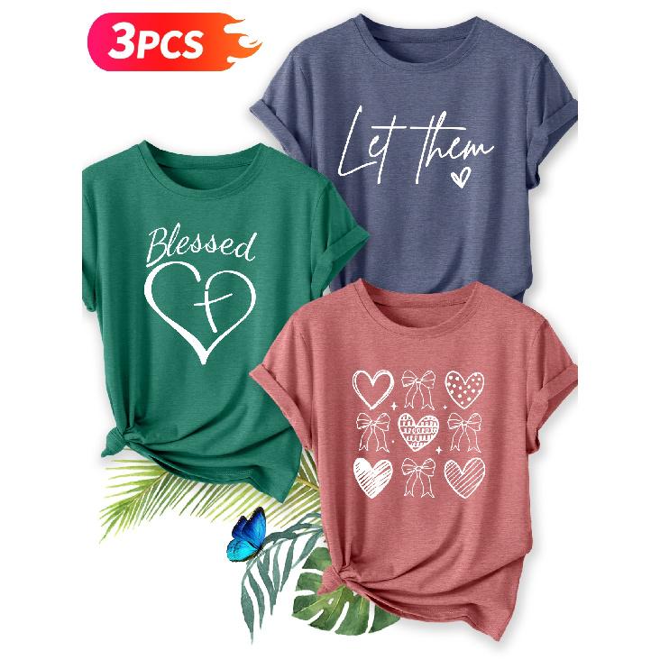 Three-piece set Elegant short-sleeved dress for women Christian Faith Love Print Crew Neck T Shirt Suitable for spring