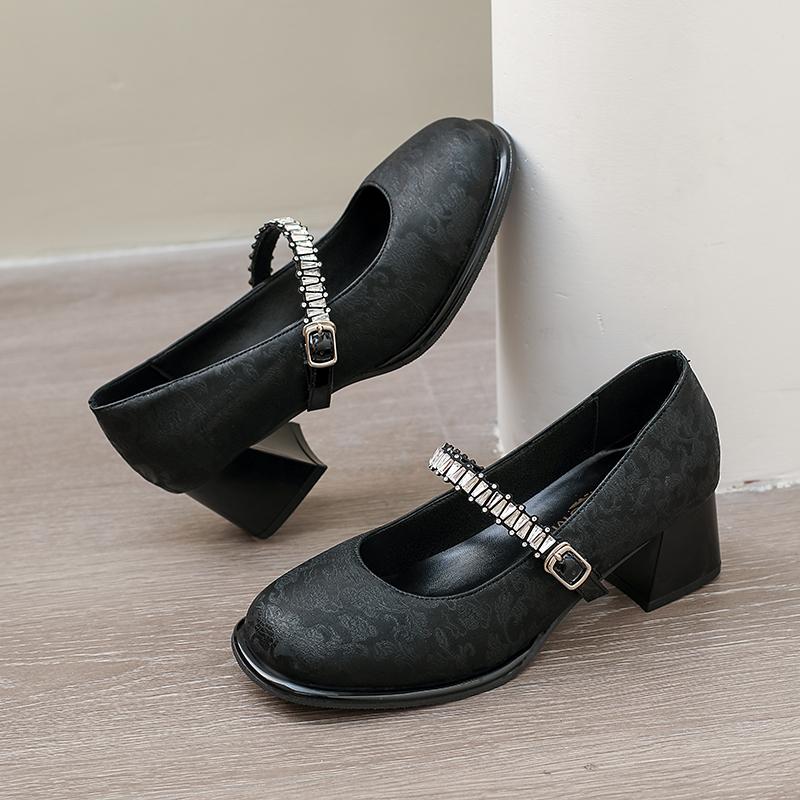 Хрустальный Цветок Женские Туфли на Высоком Каблуке 2025 Новые Тренды Мелкие Массивные Мэри Джейн Обувь Осень Элегантная Модная Платье Туфли Zapatos