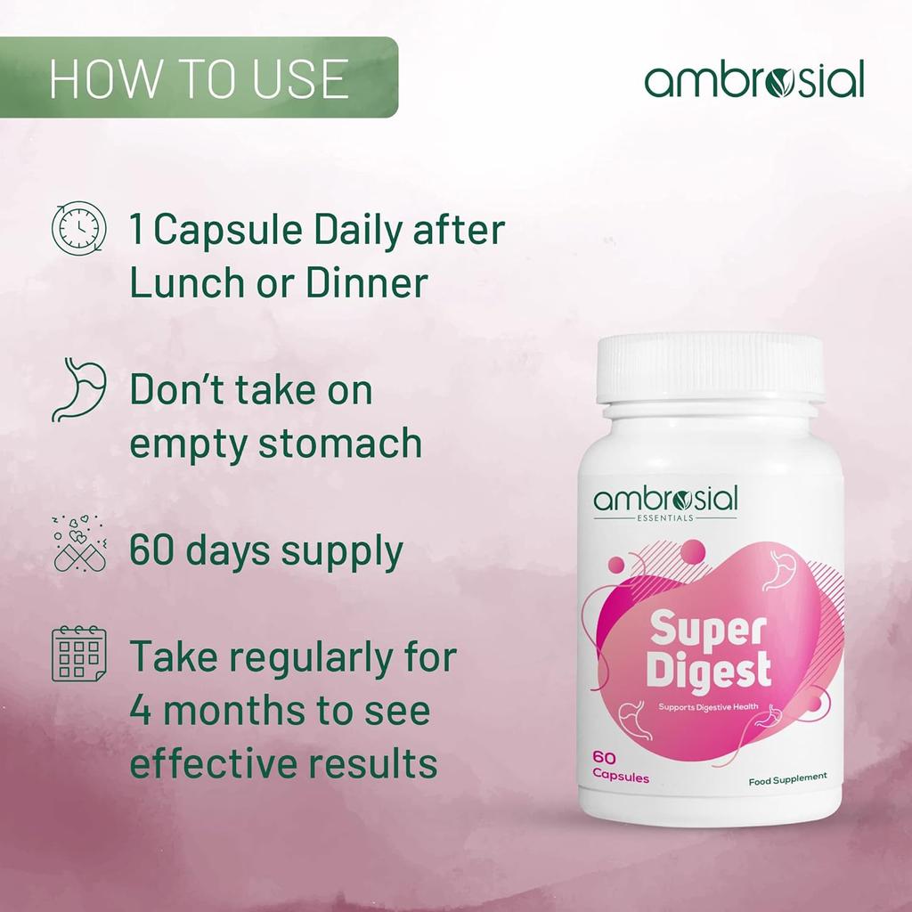 AMBROSIAL Super Digest с бетаином HCL, пепсином, бычьей желчью, панкреатином и L-глутаминовой кислотой, добавки для пищеварительных ферментов(Упаковка 1-60 капсул)