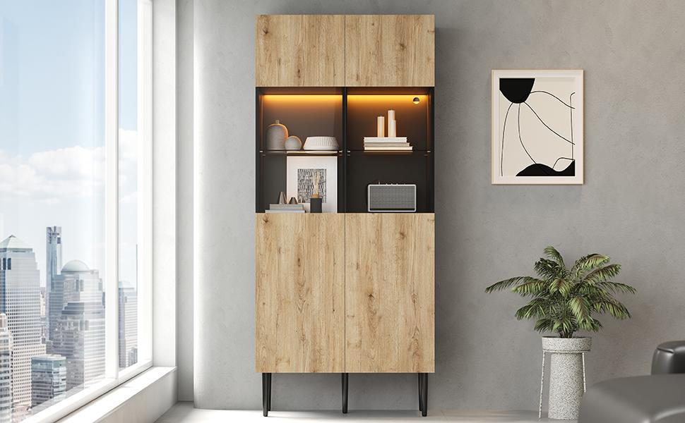 Modern Tall Cabinet with 10 Storage Compartments and Glass Doors, LED Lighting - 80*35*180cm (W/H/D), Natural Wood Color + Black, Display Cabinet