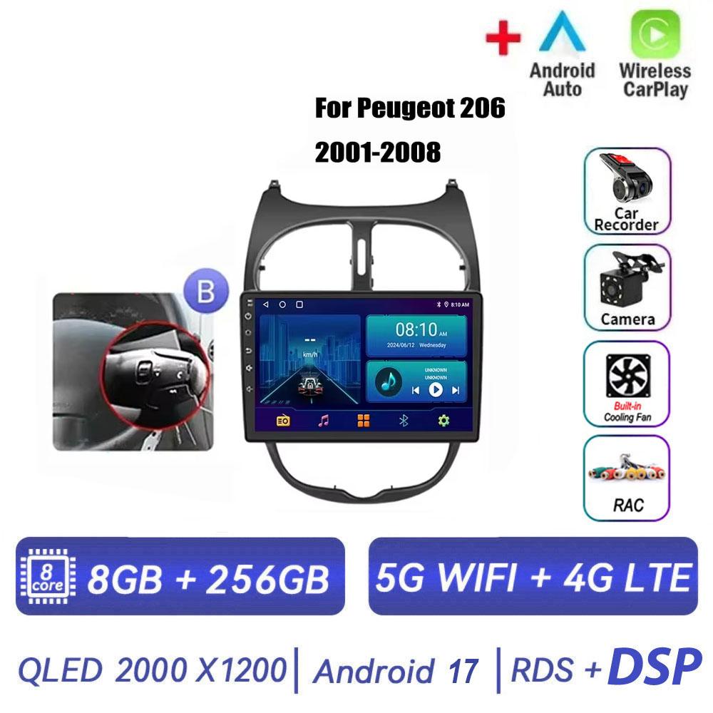 Android 17 pour PEUGEOT 206 206CC 206SW 2001 - 2016 Radio de voiture multimédia automobile sans fil Carplay Accessoires Écran de voiture