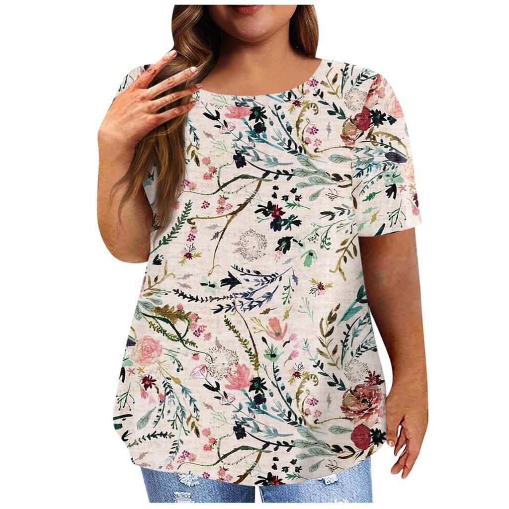 Women's Short Sleeve Shirt Round Neck Plus Size T-Shirt Flower Printed Casual Tops