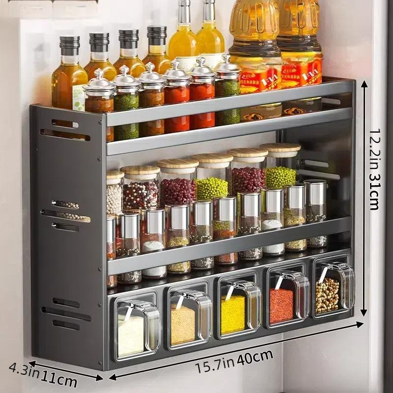 Многофункциональный настенный стеллаж для хранения кухонных приправ без перфорации