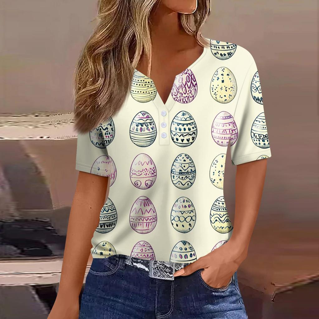 Women's T Shirt Print Button Short Sleeve Daily Weekend Fashion Basic V- Neck Regular Top