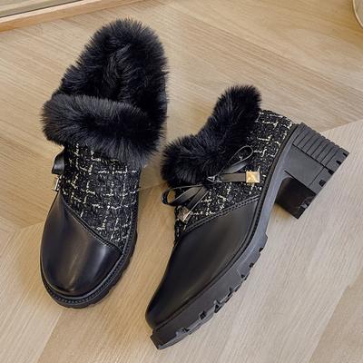 Женские туфли из кожи в стиле пэчворк на массивном каблуке, зимние плюшевые теплые ботильоны с боковой молнией и бантом, повседневная обувь для женщин