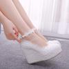 Wedges Wedding Pumps Sweet White Flower Lace Pearl Platform Shoes Bride Dress High Heels