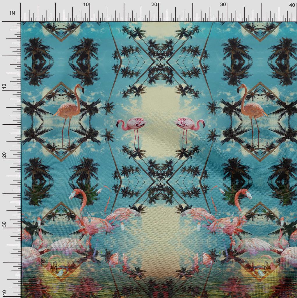 Soimoi Японский креп-сатин Пальма | Ткань с принтом в виде панно и фламинго 1 метр 42 дюйма