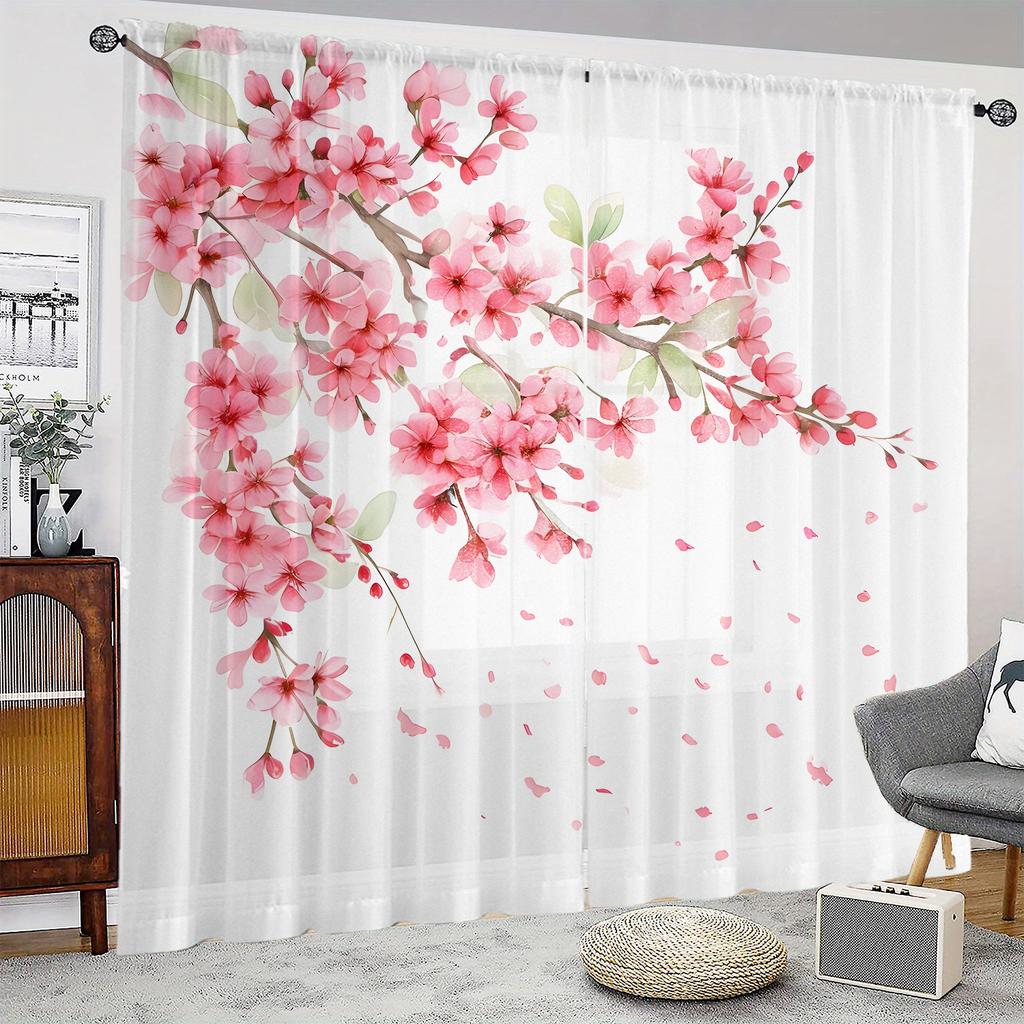 2Pc Cherry Blossom Print Curtains, Polyester Fabric, Machine Washable, Suitable For Bedroom And Living Room Decoration