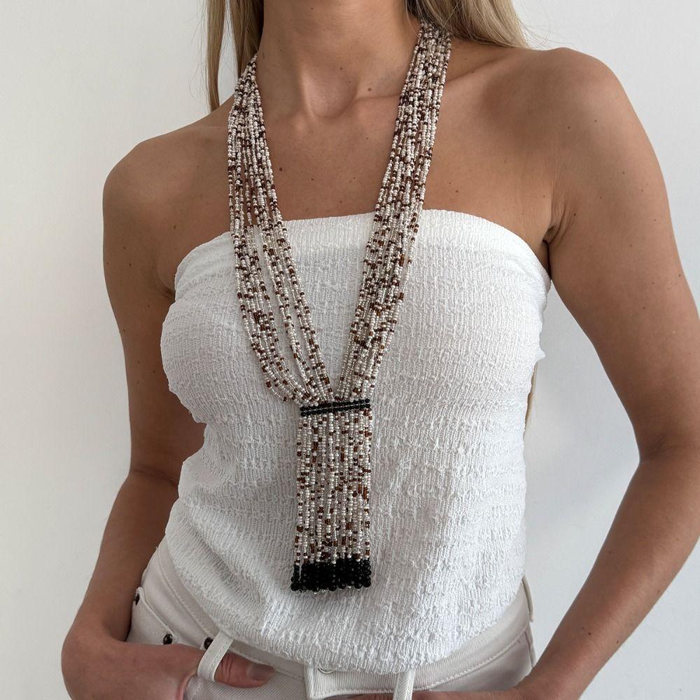 Floral Multi-Layer Beads Necklace Metal Chain Tassel Collarbone Chain Multi Layer Choker  Girls