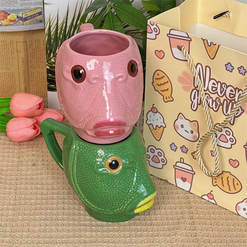 Funny Cup Ugly Greenhead Fish Ceramics Coffee Cup Large Capacity Creative Office Children'S Water Cup Mugs