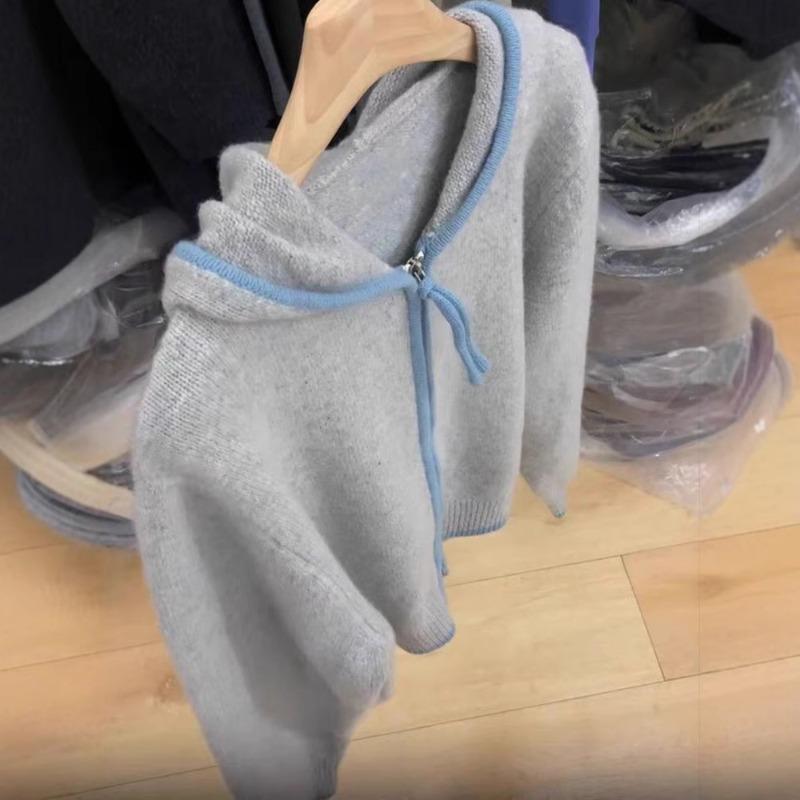 Hooded wool knitted cardigan women's autumn and winter new contrasting color zipper casual soft waxy sweater top