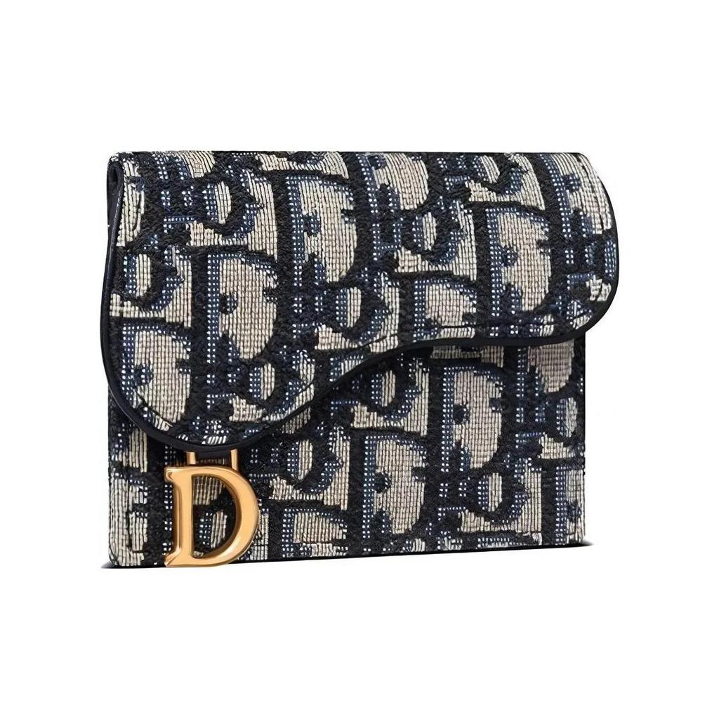 Dior Классический косой принт по всей поверхности, вышитый клапан, тонкий кошелек, кожаный держатель для карт, женский, джинсово-синий